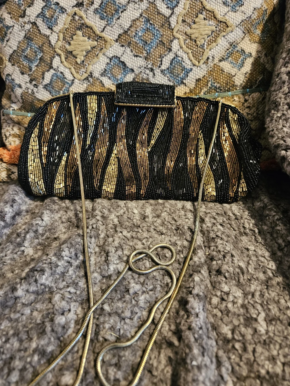 La Regale Vintage Evening  Clutch Black, Gold, & Bronze, Chain Strap 1970'- 80's